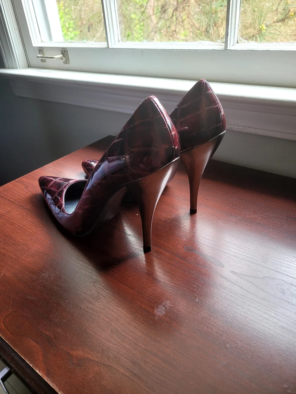 Stuart Weitzman Women's Burgundy Croc Patent Pointed-Toe Pumps